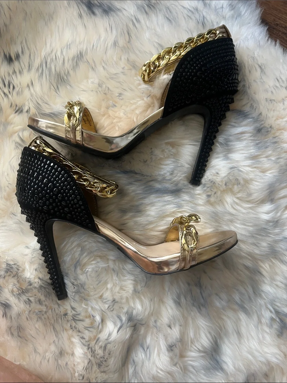Fergie Gold Chain-Trim Ankle Strap Heels